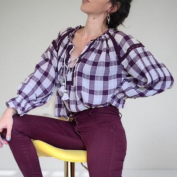 Free People Honey Grove Purple Plum Plaid Boho Tassels Women's Top - Picture 5 of 8